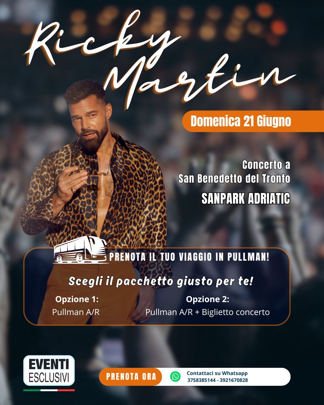 RICKY MARTIN 🎶🕺 "Domenica 21 Giugno 2026" SAN BENEDETTO DEL TRONTO - Pullman Organizzati 🚌