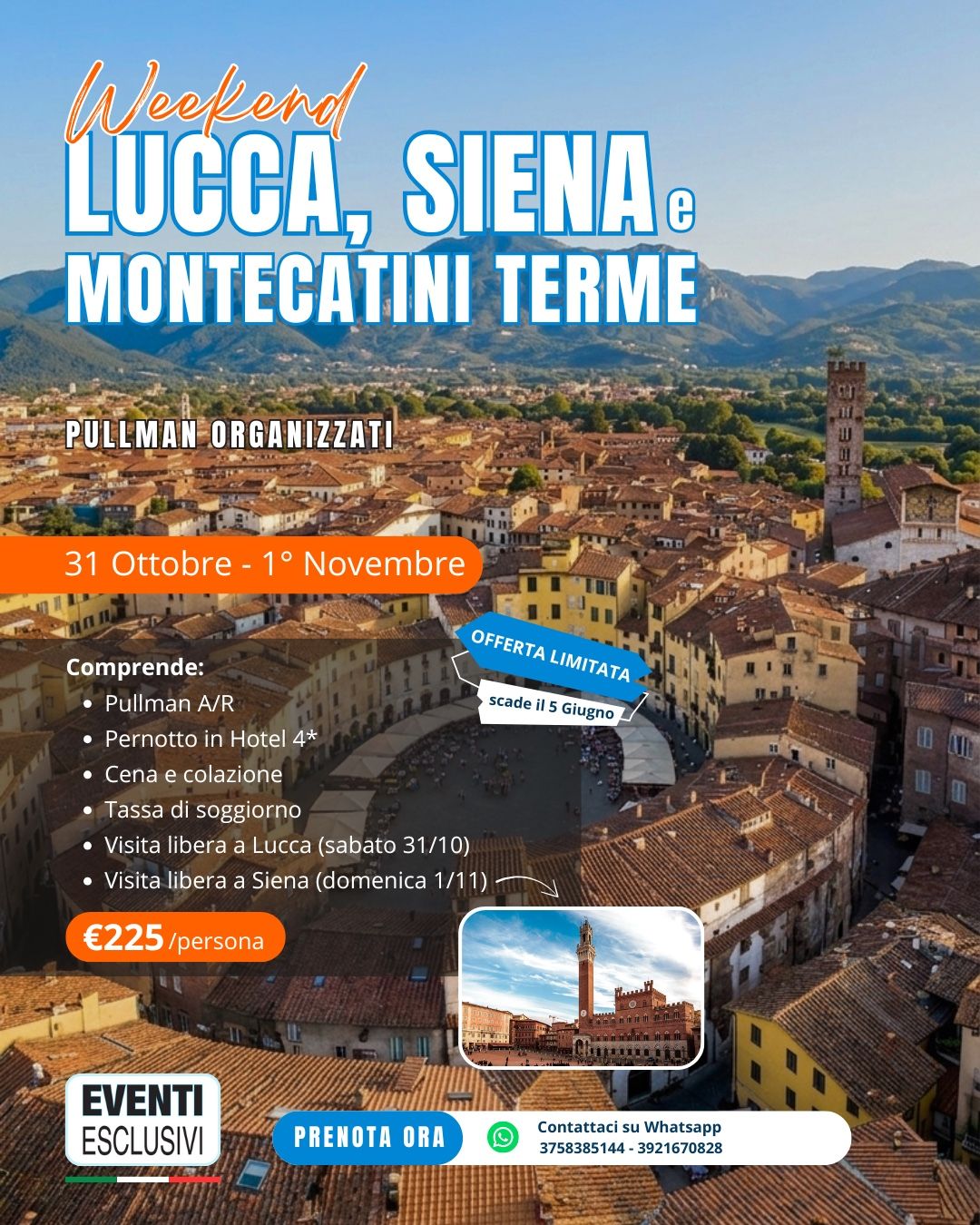 WEEK-END LUCCA - MONTECATINI TERME - SIENA 🏰"31 Ottobre &amp; 1 Novembre 2026" 🚌 PULLMAN ORGANIZZATI