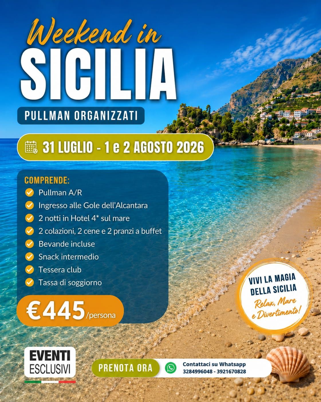 Week-end in Sicilia 🏝️☀️ "dal 31 Luglio al 2 Agosto 2026" 🚌 Pullman Organizzati