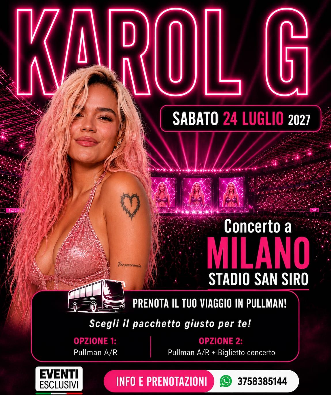 KAROL G  🎶 "Sabato 24 Luglio 2027" Milano - Pullman organizzati 🚌