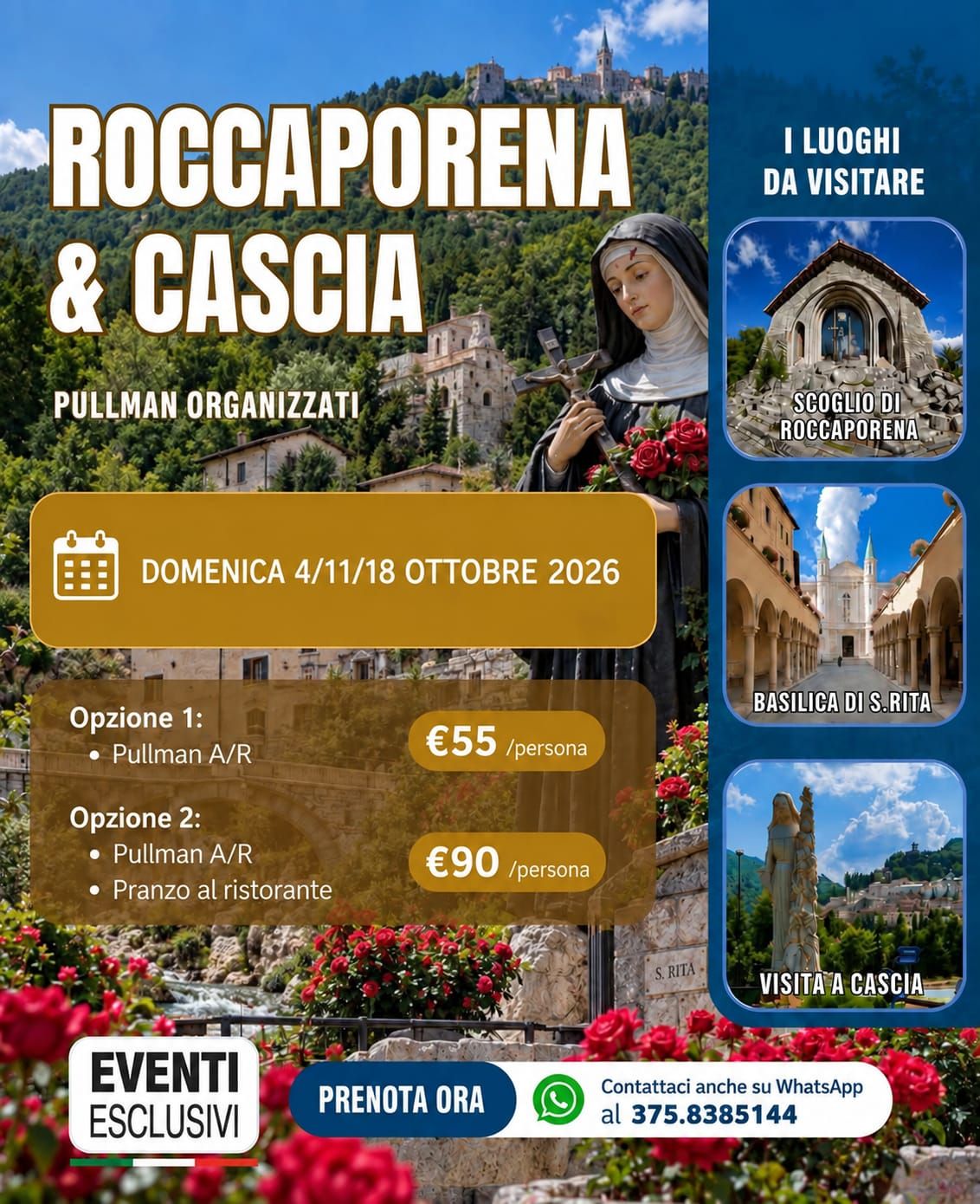 Santa Rita da Cascia &amp; Roccaporena 🌹"Domenica 4/11/18 Ottobre 2026" 🚌 Pullman Organizzati