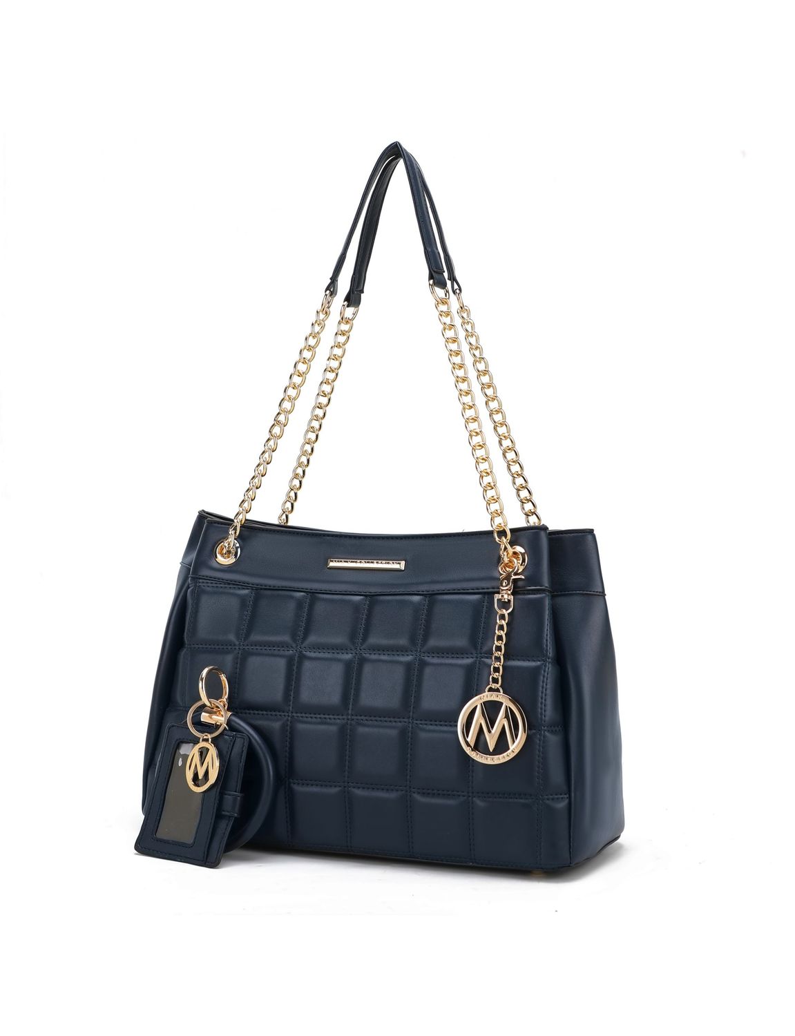 Mabel Quilted Vegan Leather Women Shoulder Bag with Bracelet Keychain, Color: Navy
