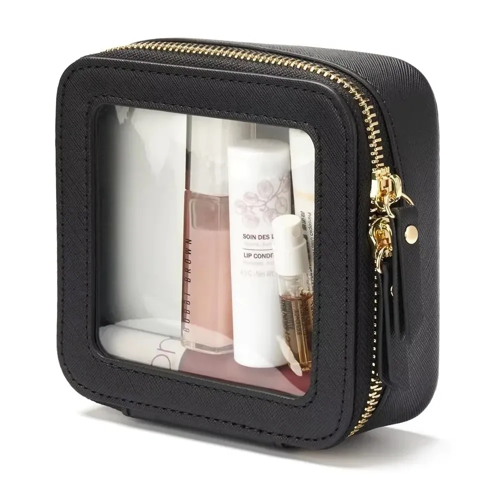 Mini Clear Makeup Bag Pu Saffiano Vegan Faux Leather Cute Small, Color: Black
