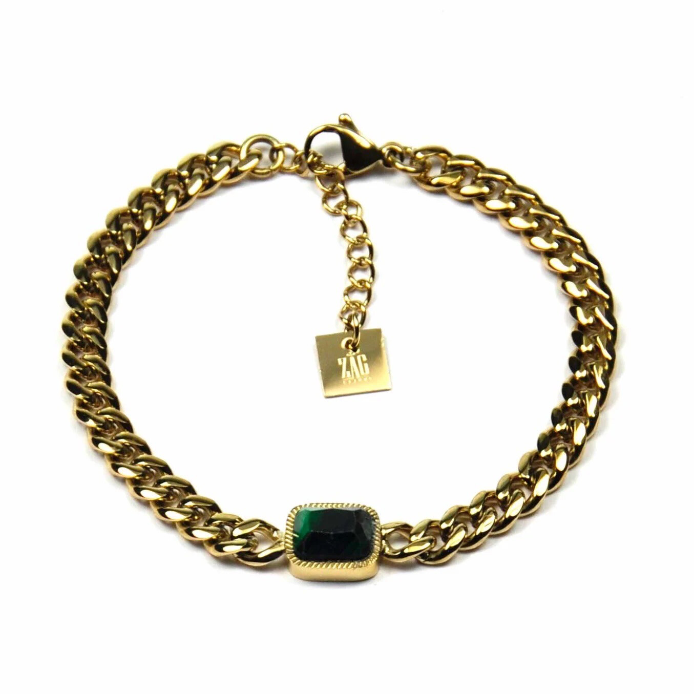 Zag Bijoux Bracelet Chunky Chain Green Malachite Stone - Gold