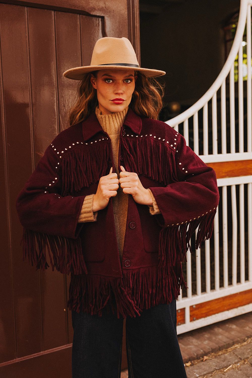 Western Fringe Stud Jacket – Burgundy
