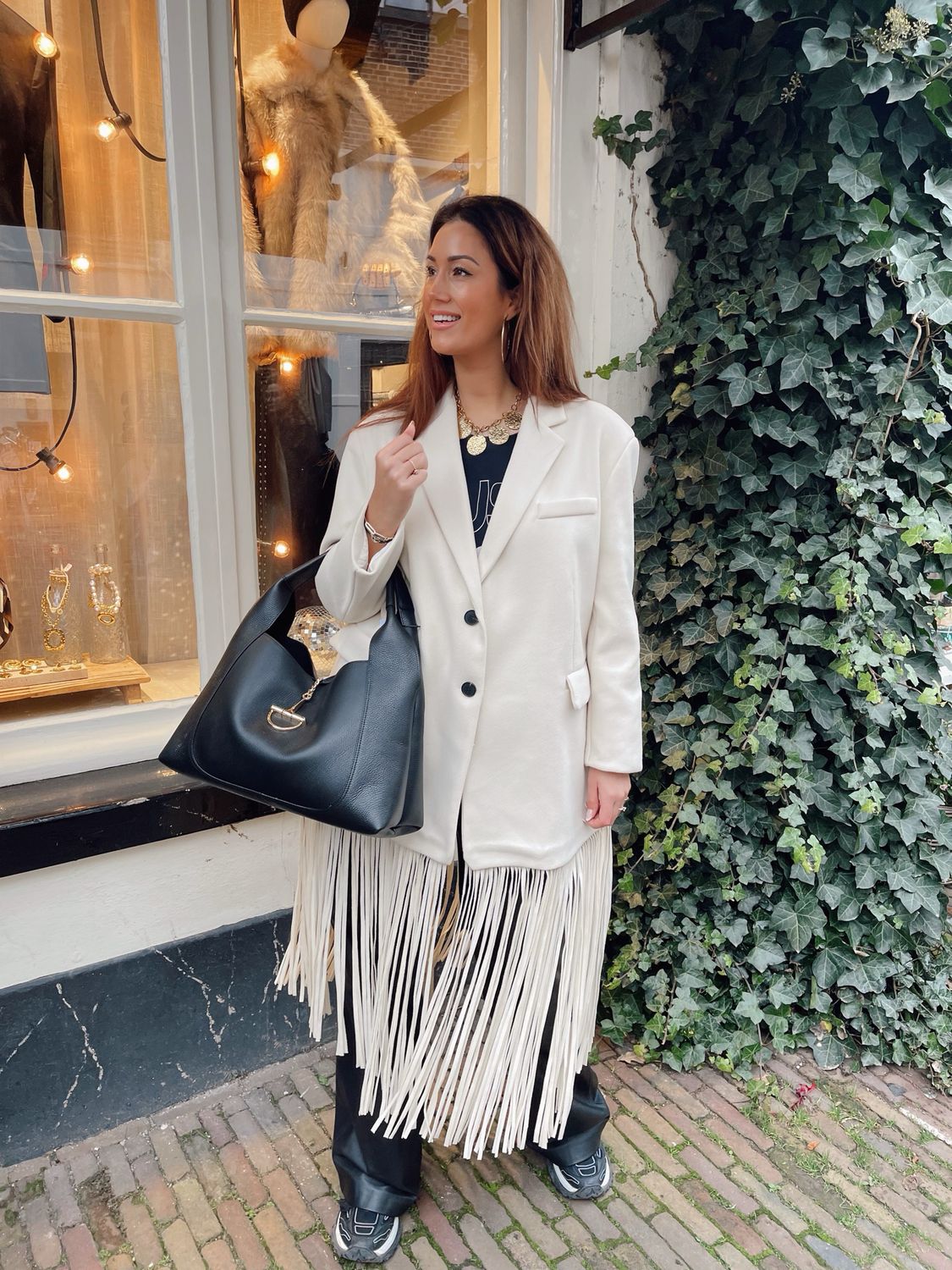 Oversized Fringe Blazer Coat – Crème