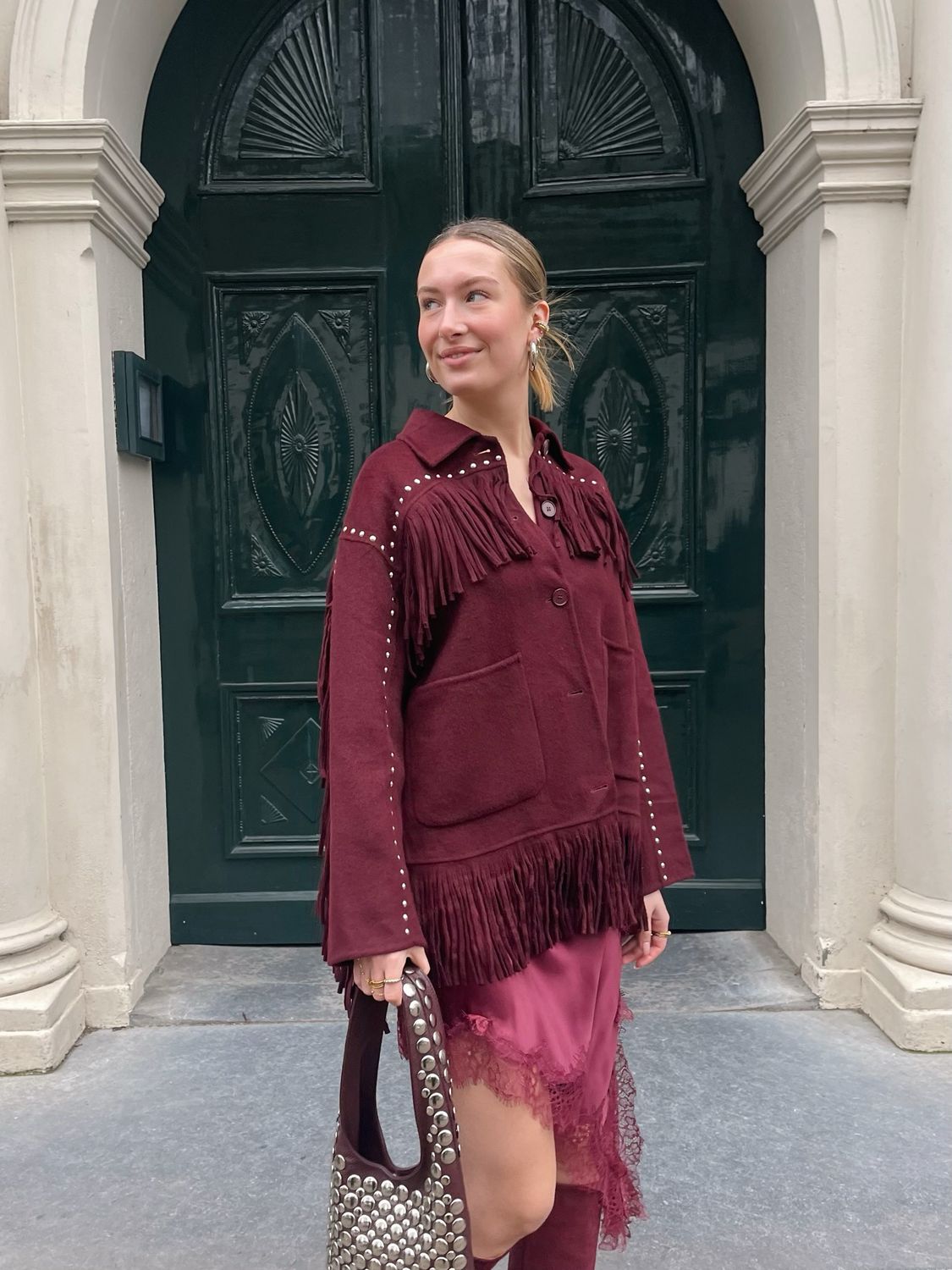 Western Fringe Stud Jacket – Burgundy