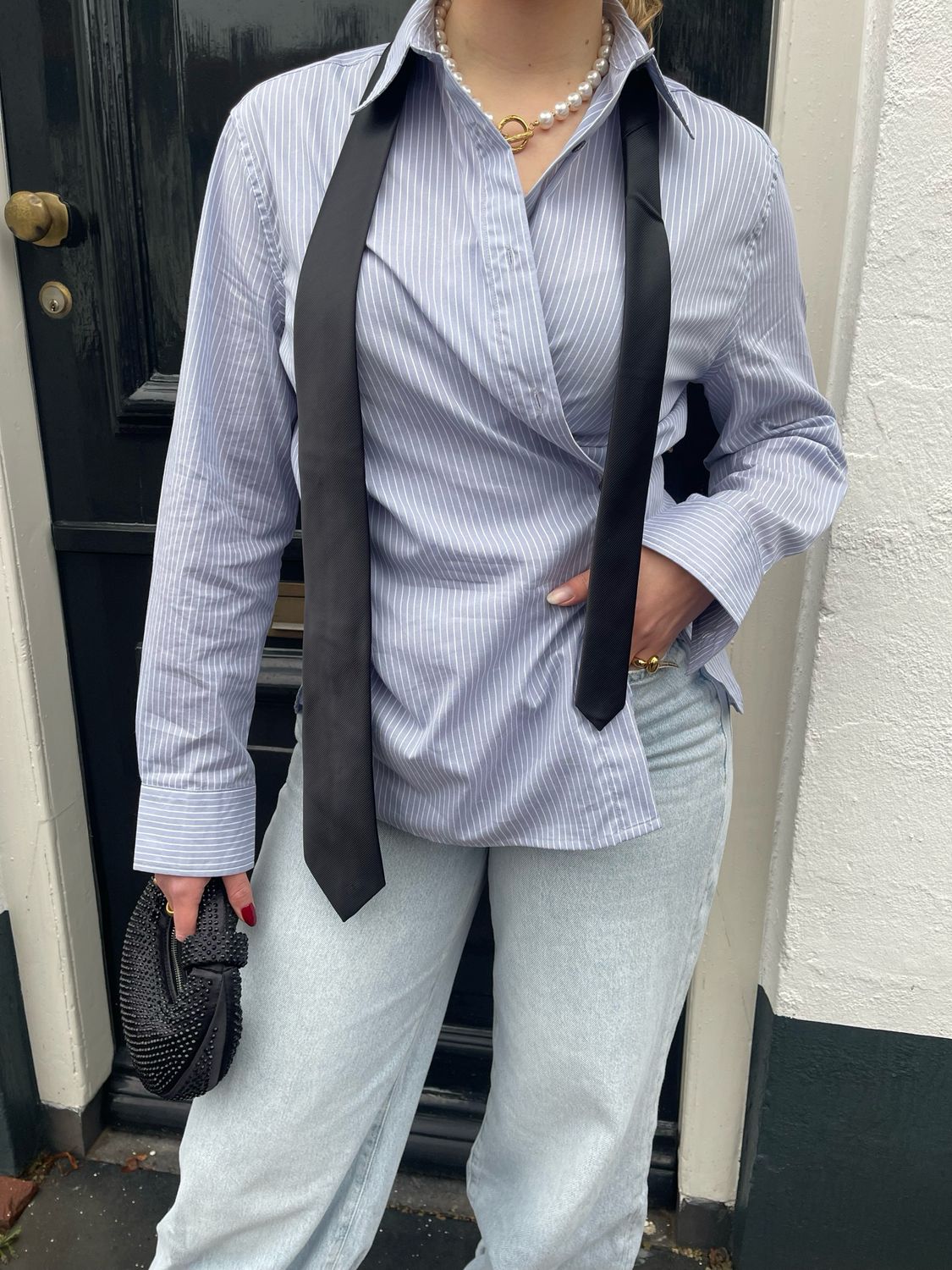 Neuw Mirage Drape Blouse - navy stripe