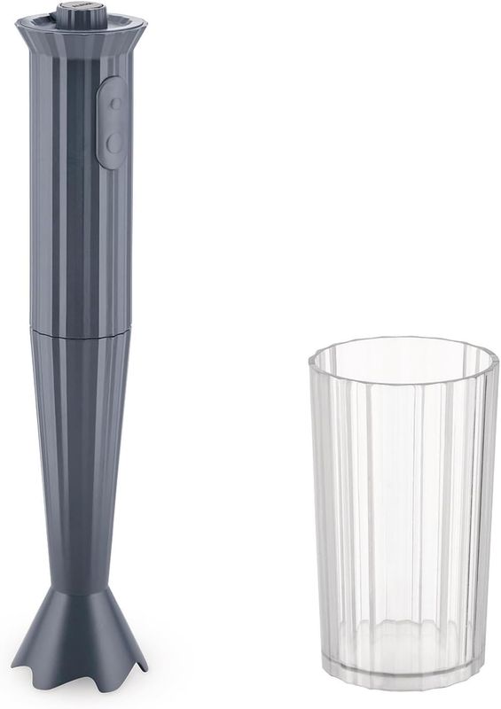 Alessi, frullatore a immersione in resina termoplastica, grigio. Bicchiere graduato in resina termoplastica.Spina europea 500W, articolo MDL10 G Plissé