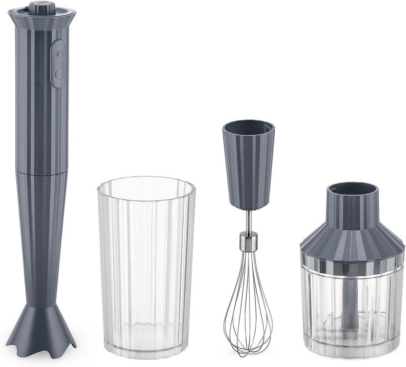 Alessi, frullatore a immersione con bicchiere graduato, frusta e tritatutto in resina termoplastica, grigio. Spina europea. 500W,m articolo MDL10S G Plissé