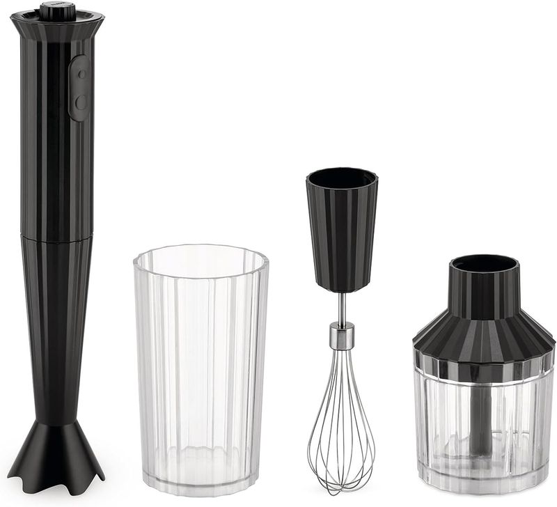 Alessi, frullatore a immersione con bicchiere graduato, frusta e tritatutto in resina termoplastica, nero. Spina europea. 500W, articolo MDL10S B Plissé