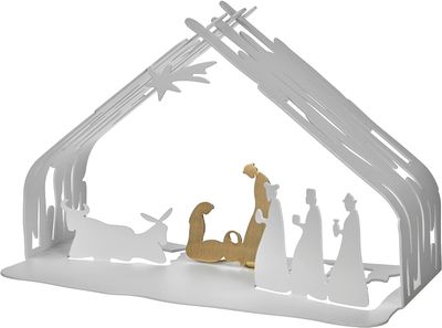 Alessi, presepe in acciaio colorato con resina epossidica, bianco e acciaio dorato. articolo Bark Crib BM09