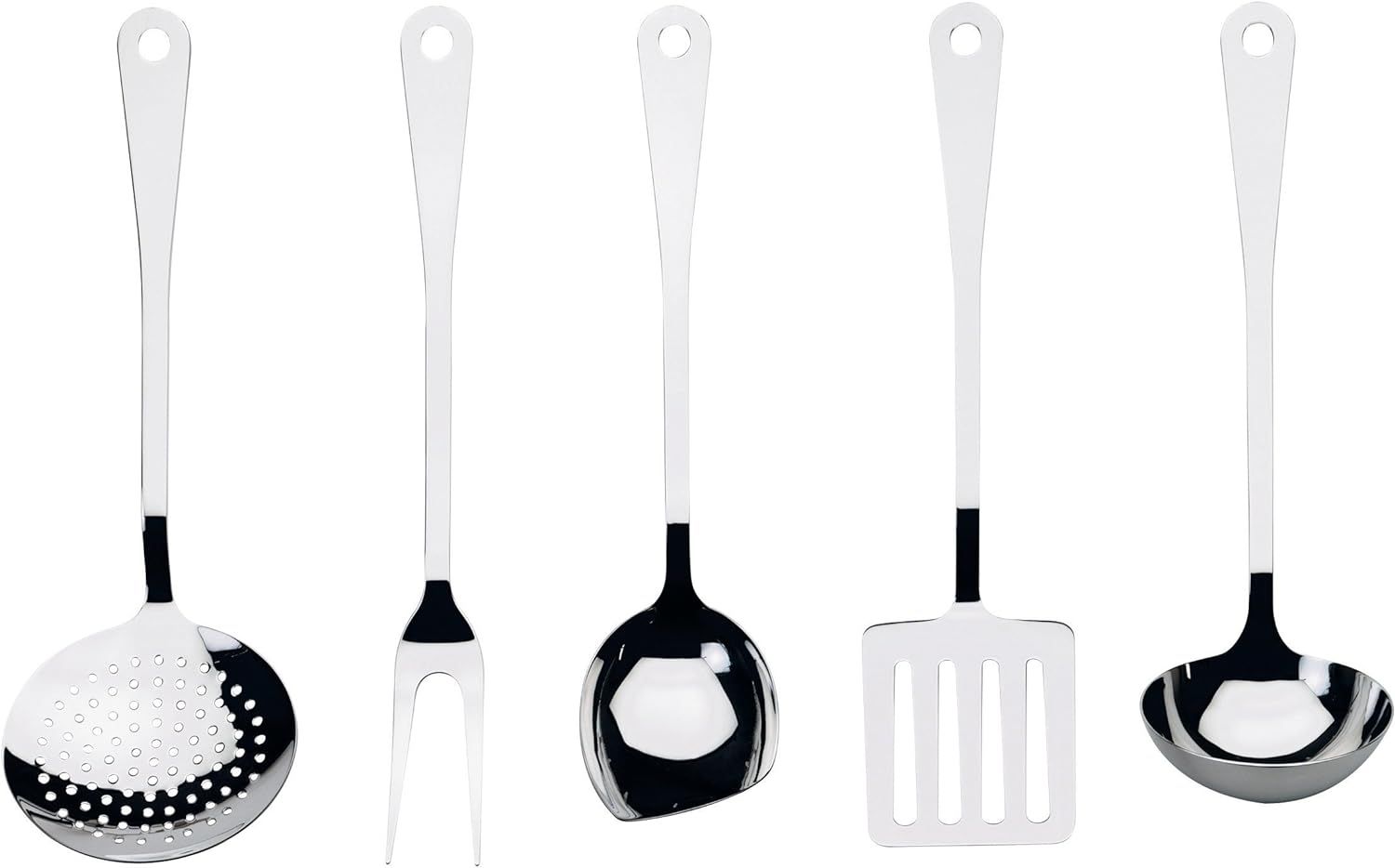 Alessi, servizio di posate da cucina 5 pz: cucchiaio , forchettone  mestolo, paletta e schiumaiola da cucina in acciaio inossidabile 18/10. Articolo AJM19