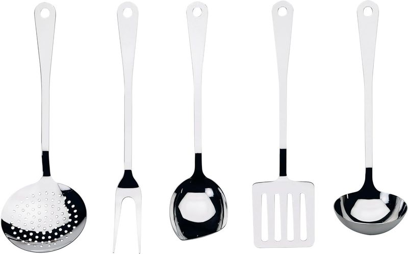 Alessi, servizio di posate da cucina 5 pz: cucchiaio , forchettone  mestolo, paletta e schiumaiola da cucina in acciaio inossidabile 18/10. Articolo AJM19