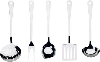 Alessi, servizio di posate da cucina 5 pz: cucchiaio , forchettone  mestolo, paletta e schiumaiola da cucina in acciaio inossidabile 18/10. Articolo AJM19