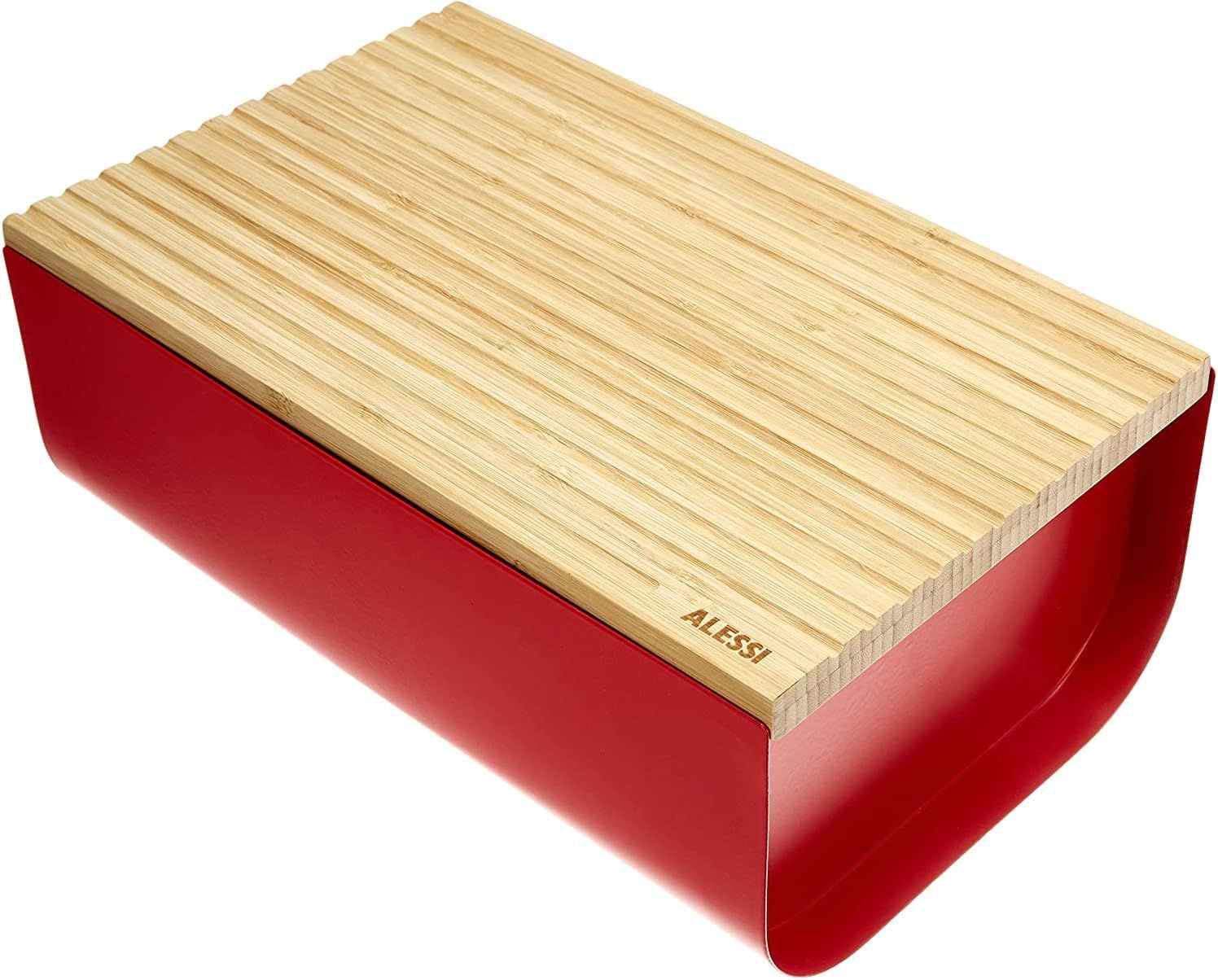 Alessi, cassetta per pane in acciaio colorato con resina epossidica, rosso con tagliere in legno di bambù. Articolo BG03 R - Mattina