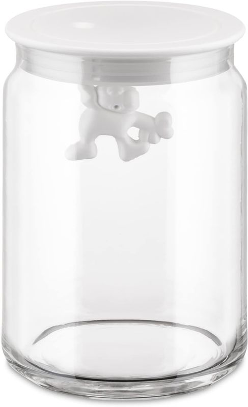 Alessi, barattolo Ermetico in Vetro con Coperchio in Resina Termoplastica, Bianco  90 cl. articolo AMDR05 W Gianni a Little Man Holding On Tight