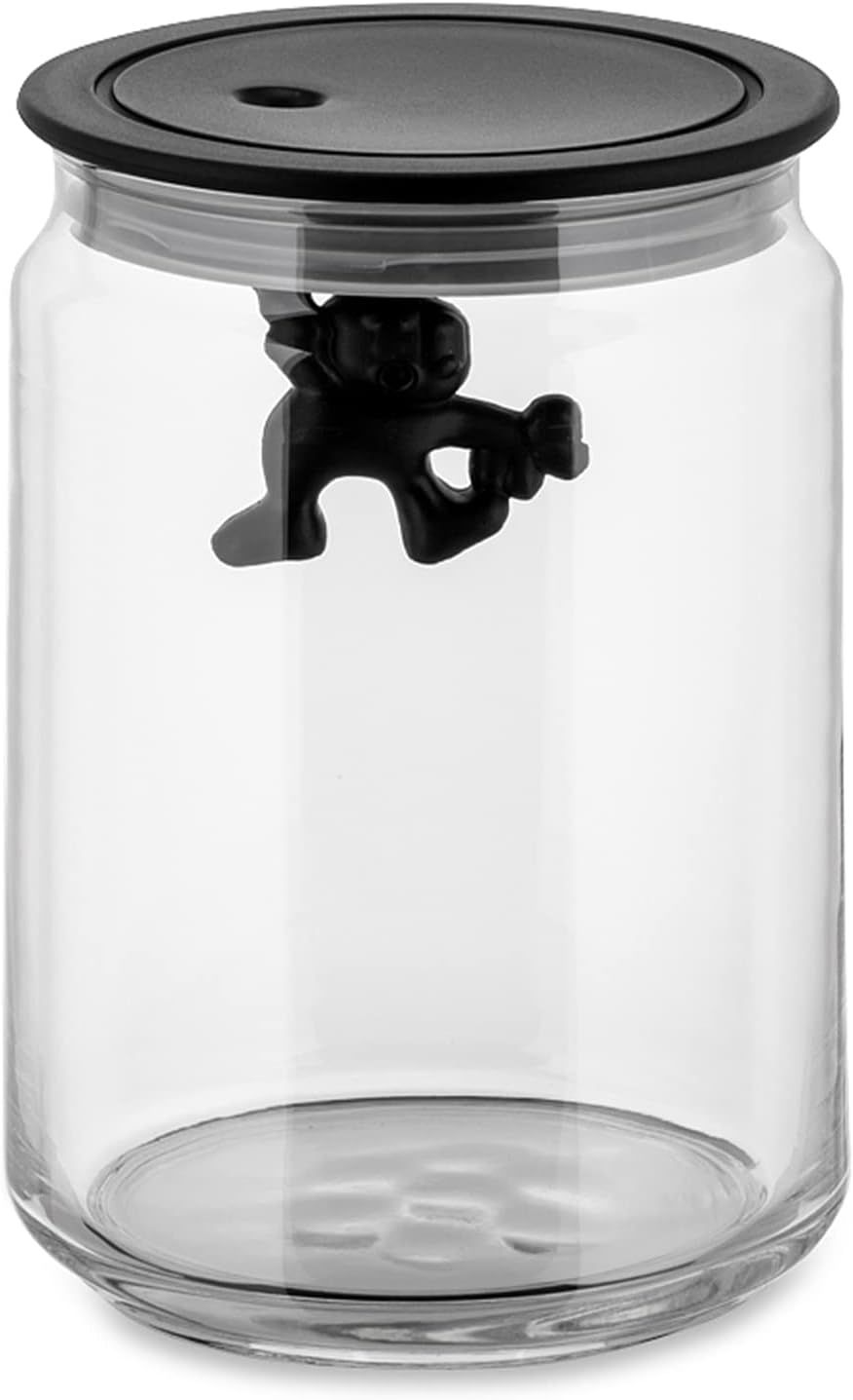 Alessi, Barattolo Ermetico in Vetro con Coperchio in Resina Termoplastica nero  90 cl. articolo  AMDR05 B -  Gianni a Little Man Holding On Tight