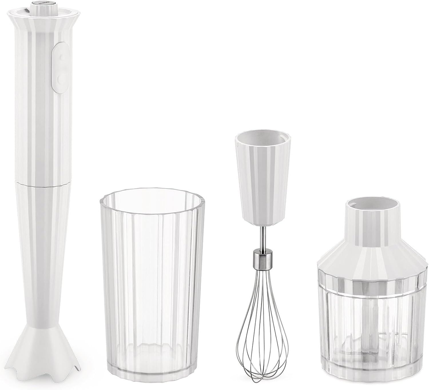 Alessi, Frullatore a immersione con bicchiere graduato, frusta  e tritatutto in resina termoplastica, bianco. Spina europea. 500W, articolo MDL10S W - Plissé