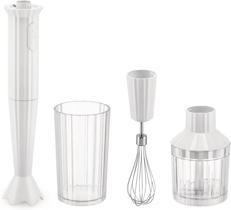 Alessi, Frullatore a immersione con bicchiere graduato, frusta  e tritatutto in resina termoplastica, bianco. Spina europea. 500W, articolo MDL10S W - Plissé