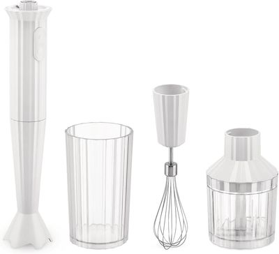Alessi, Frullatore a immersione con bicchiere graduato, frusta  e tritatutto in resina termoplastica, bianco. Spina europea. 500W, articolo MDL10S W - Plissé