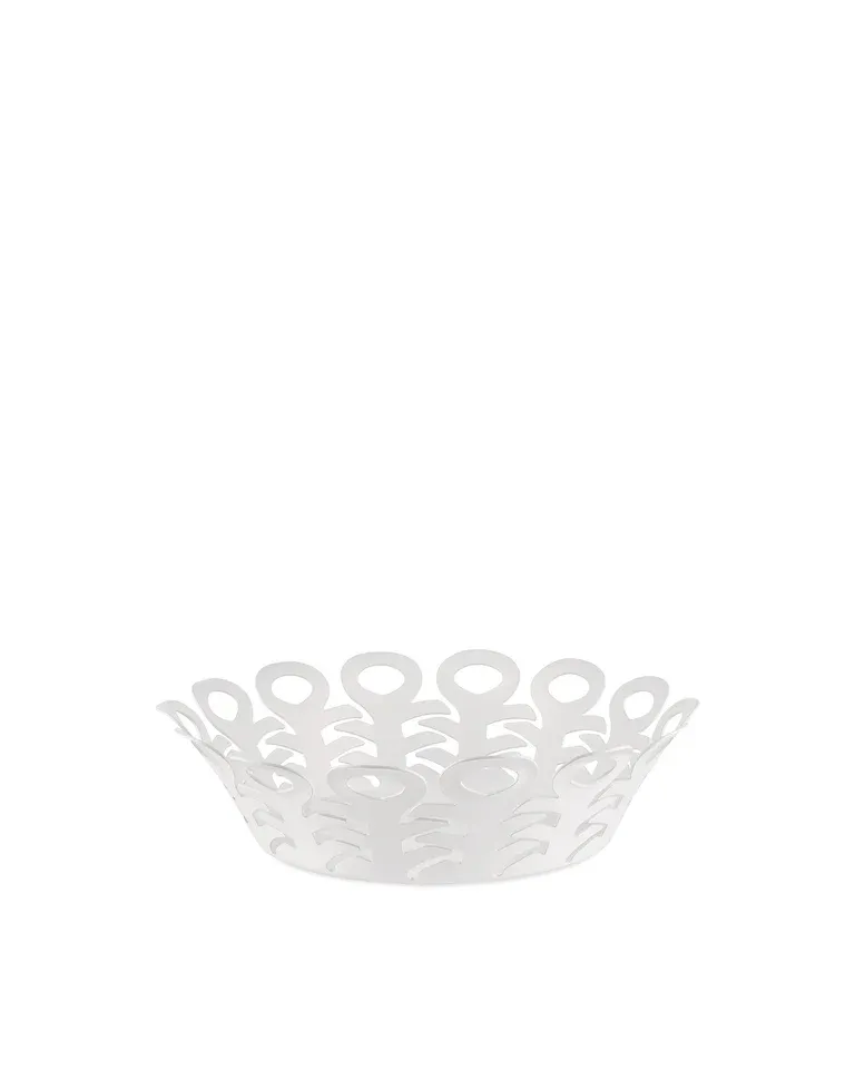Alessi, cestino traforato in acciaio colorato con resina epossidica bianca cm 21, articolo BM21/21 W Vimini