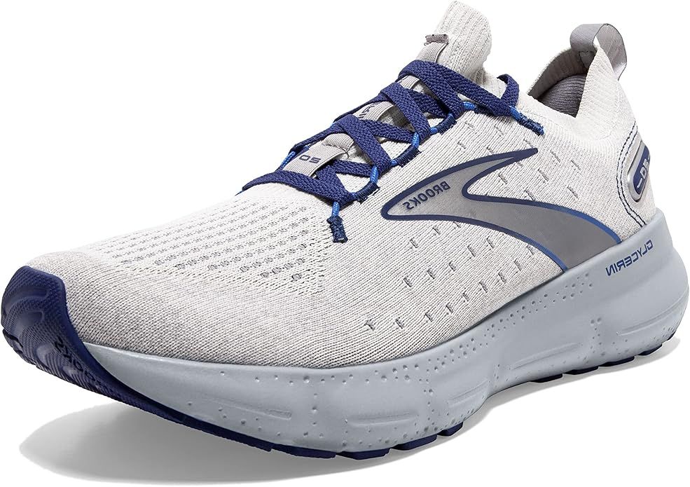 BROOKS MENS GLYCERIN STEALTHFIT 20, COLOR: 081 - OYSTER/ALLOY/BLUE DEPTHS, SIZE: 10, WIDTH: REG (D)
