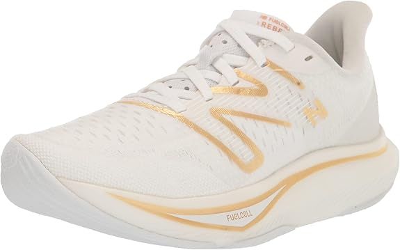 NEW BALANCE WOMENS FUELCELL REBEL V3, COLOR: MW - WHITE/GOLD METALLIC/LIGHT GOLD METALLIC, SIZE: 5, WIDTH: REG (B)