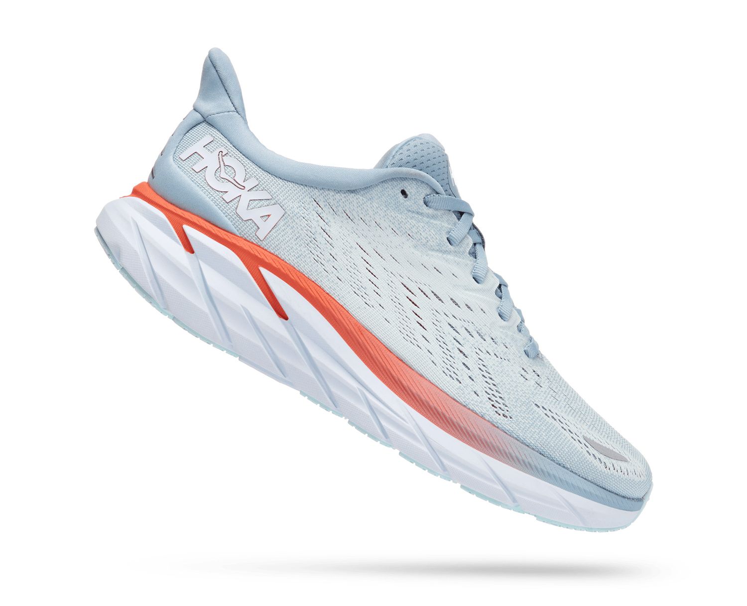 HOKA WOMENS CLIFTON 8, COLOR: BFPA - Blue Fog Plein Air, SIZE: 9.5, WIDTH: WIDE (D)