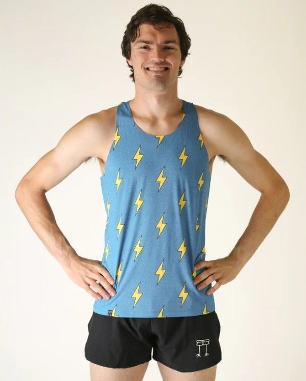 CHICKNLEGS MENS BLUE BOLTS PERFORMANCE SINGLETS