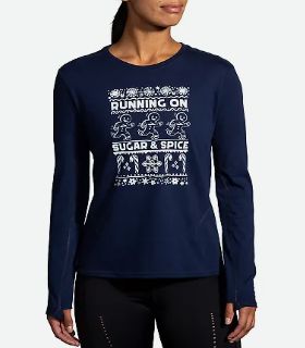 BROOKS WOMENS DISTANCE LONG SLEEVE 2.0 RUN MERRY &#39;23 SUGAR &amp; SPICE