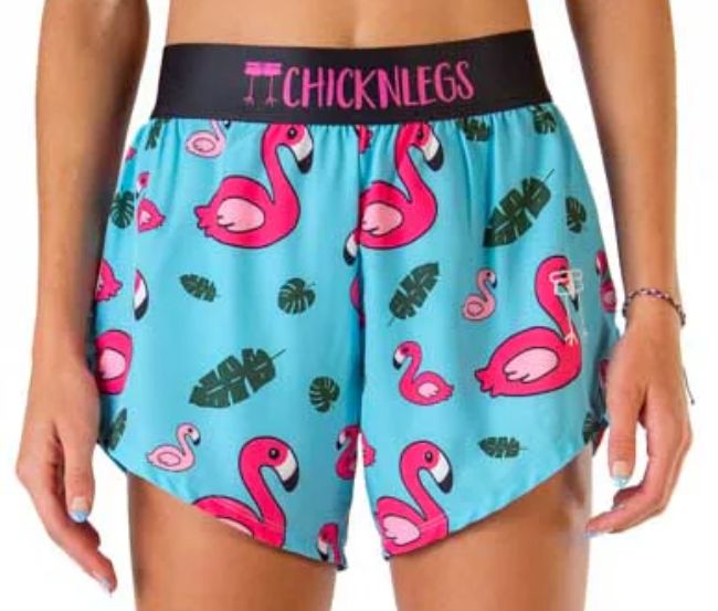 CHICKNLEGS WOMENS BLUE FLAMINGO 4&quot; SPLIT SHORTS