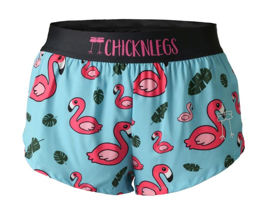 CHICKNLEGS WOMENS BLUE FLAMINGO 1.5" SPLIT SHORTS