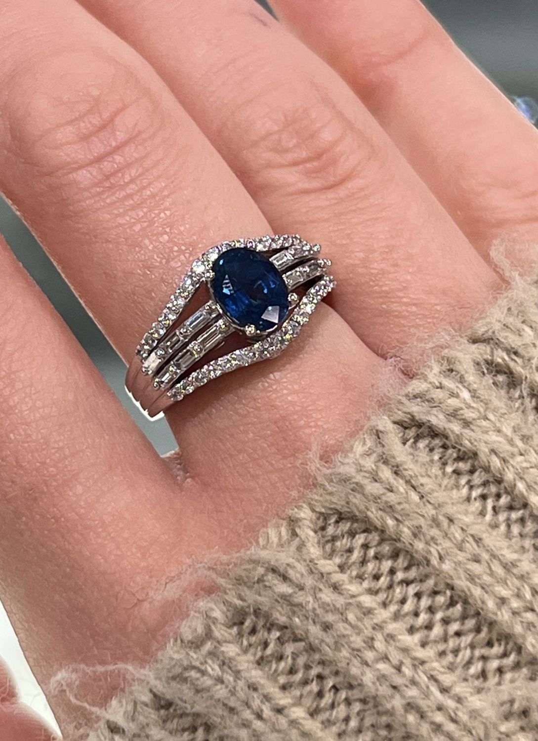 1.80 CT oval blue sapphire w/ .68 cttw rb and bag diamonds in 18k wg ring size 7