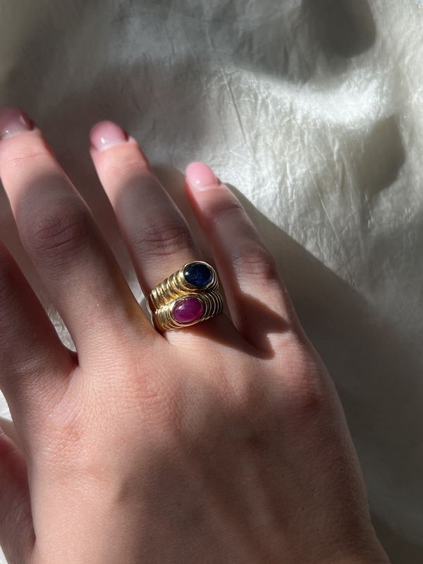 Vintage Ruby &amp; Sapphire Cab Yellow Gold Ring