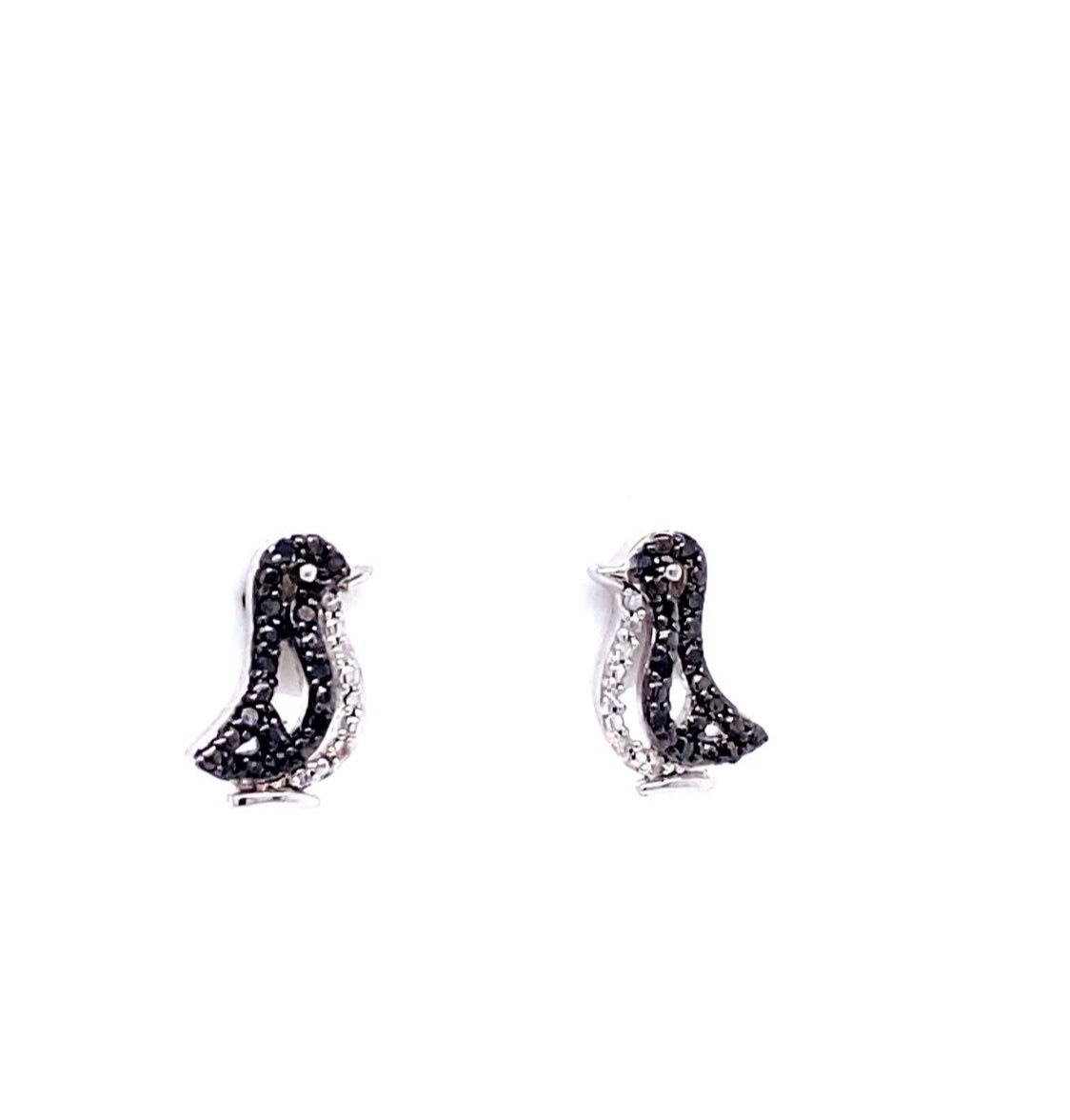 Sterling Silver Black Diamond Penguin Earrings