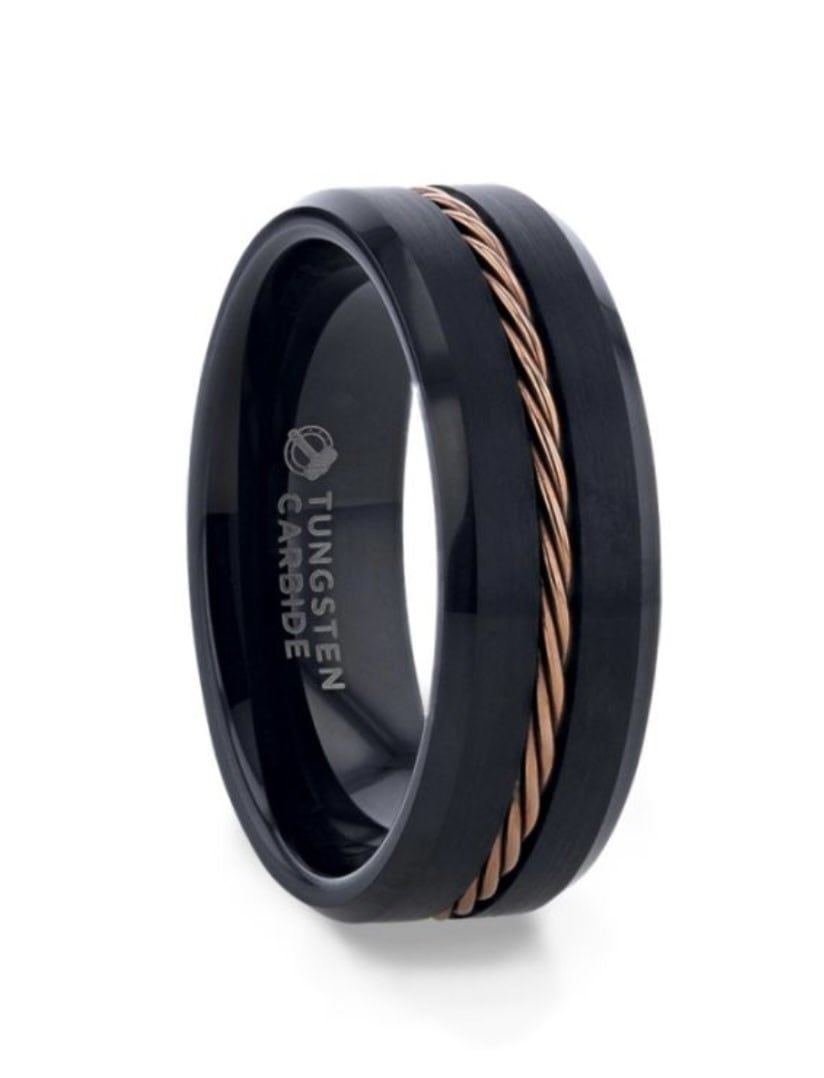 Adelard Black Tungsten Carbide with Rose Inlay Ring