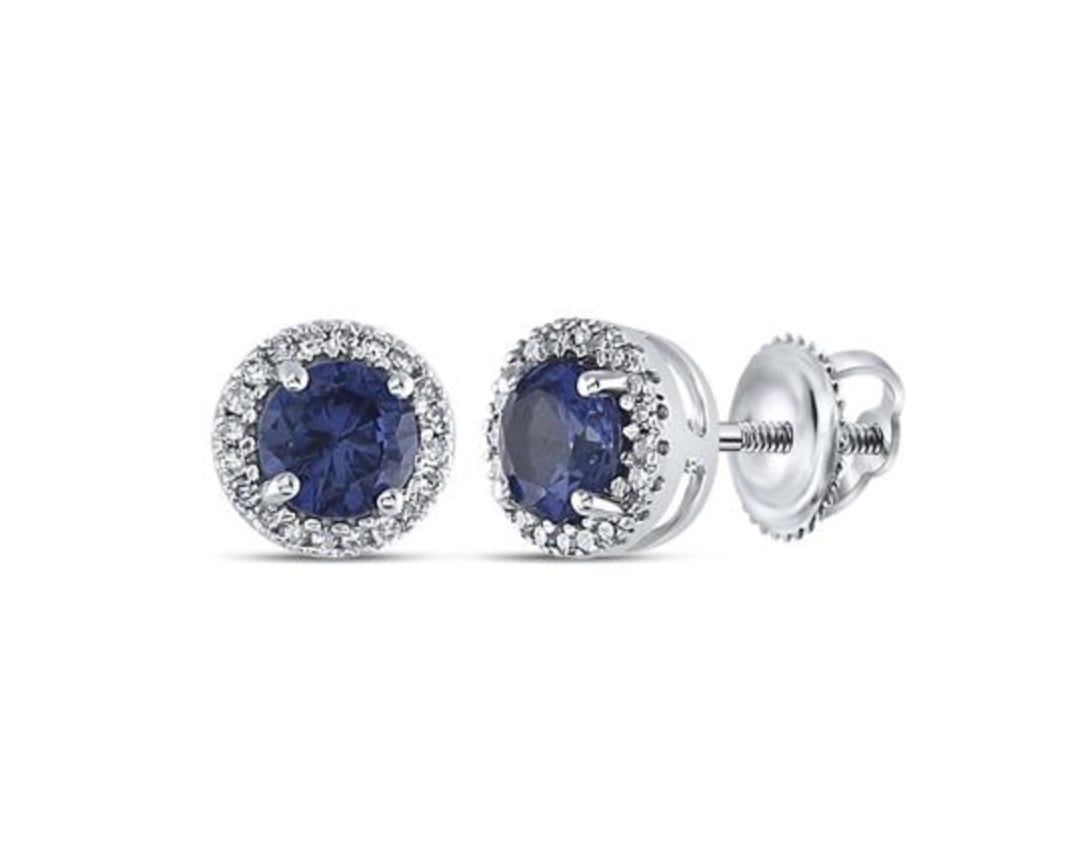 Sterling Silver Lab Created Blue Sapphire and Diamond Earrings with Screwbacks