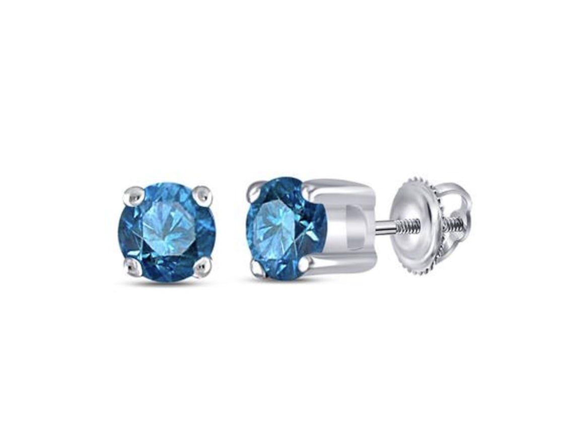 10k White Gold 1/4 ctw Blue Diamond Solitaire Screwback Earrings