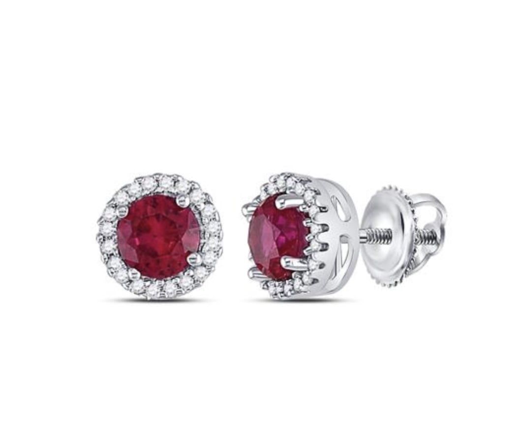 Sterling Silver Lab Created Ruby and Diamond Screwback Earrings