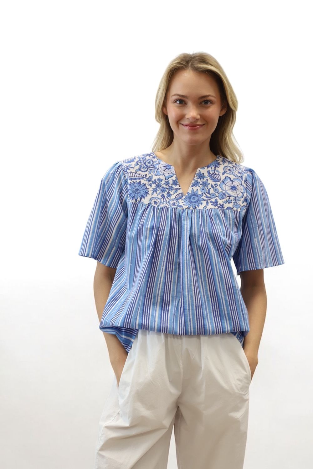 Lola Blouse- Blue Block Stripe