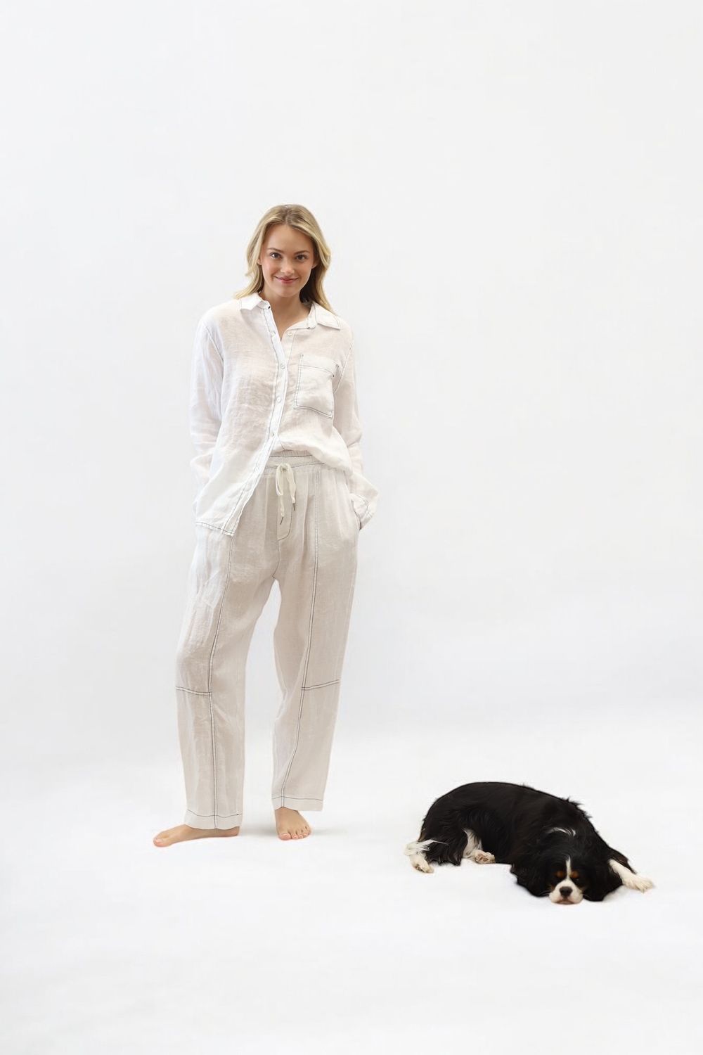 Contrast Stitch Linen Pants-Choco