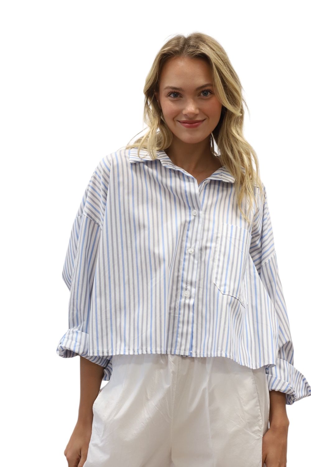 Poppy Crop Button Down- Sky + Neutral Stripe
