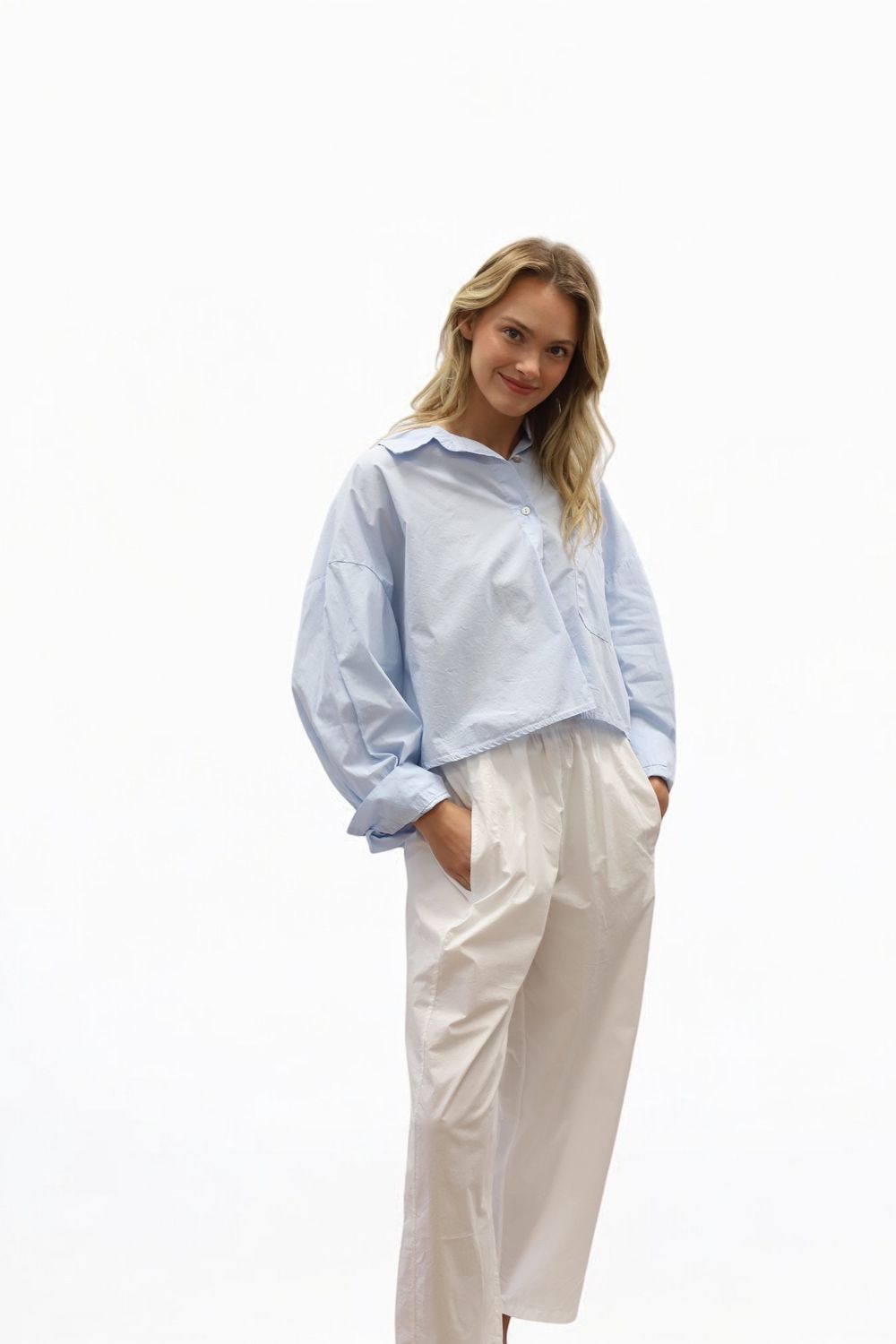 Poppy Crop Button Down- Sky