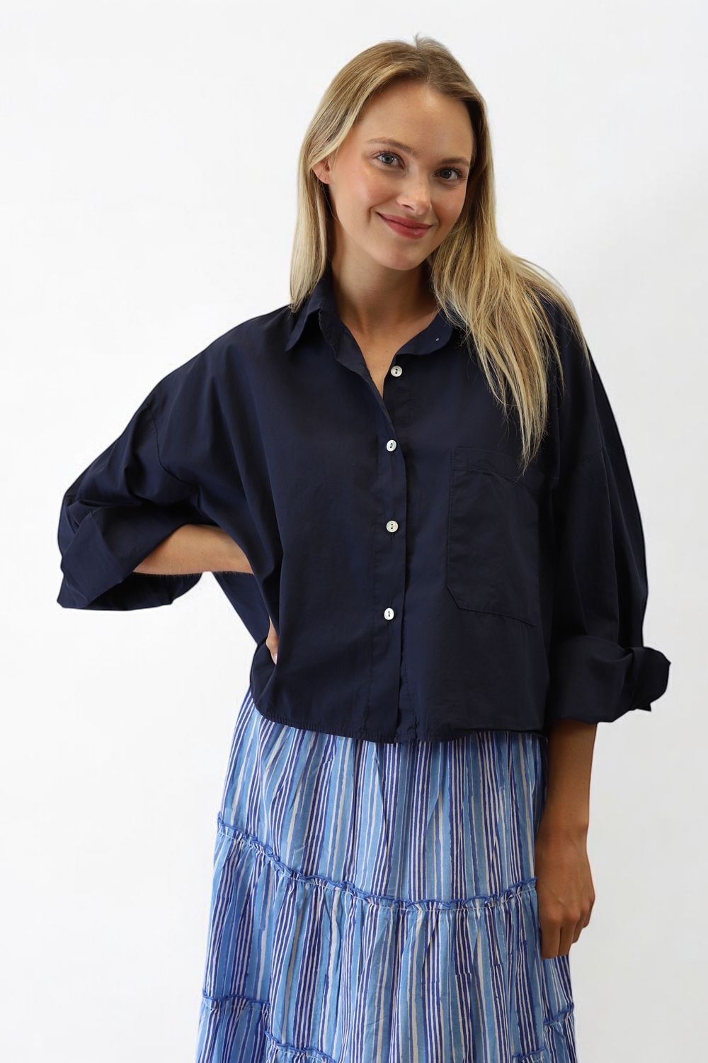 Poppy Crop Button Down- Navy