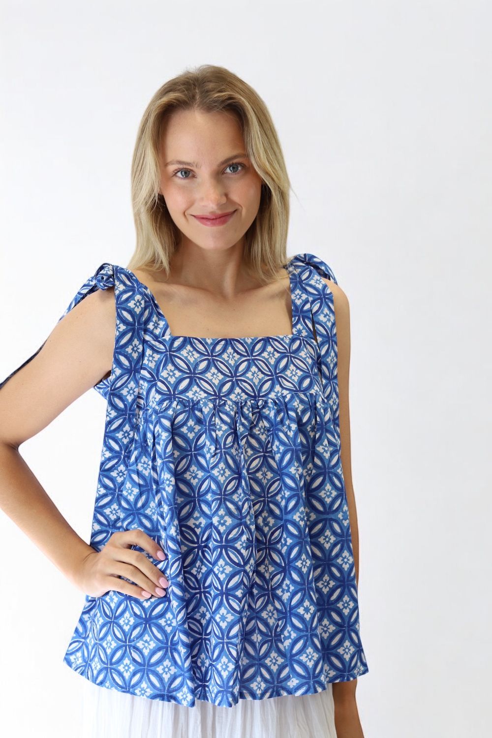 Summer Tie Tank- Blue Circles