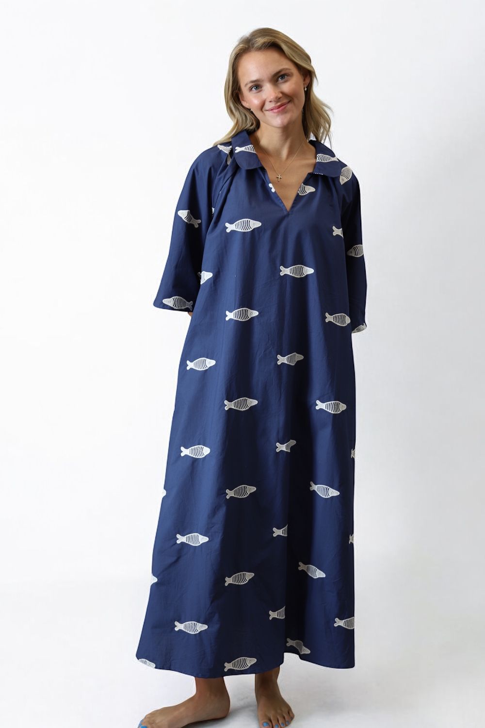 Butterfly Kaftan- Embroidered Fish, Navy/White