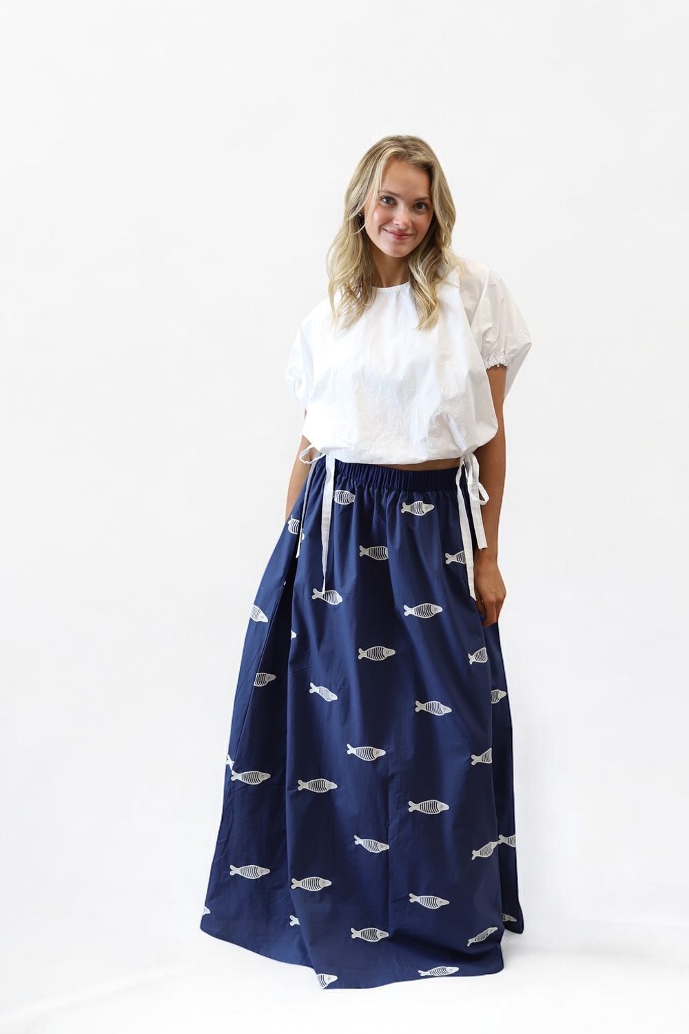 Simple Maxi Skirt- Embroidered Fish, Navy/White
