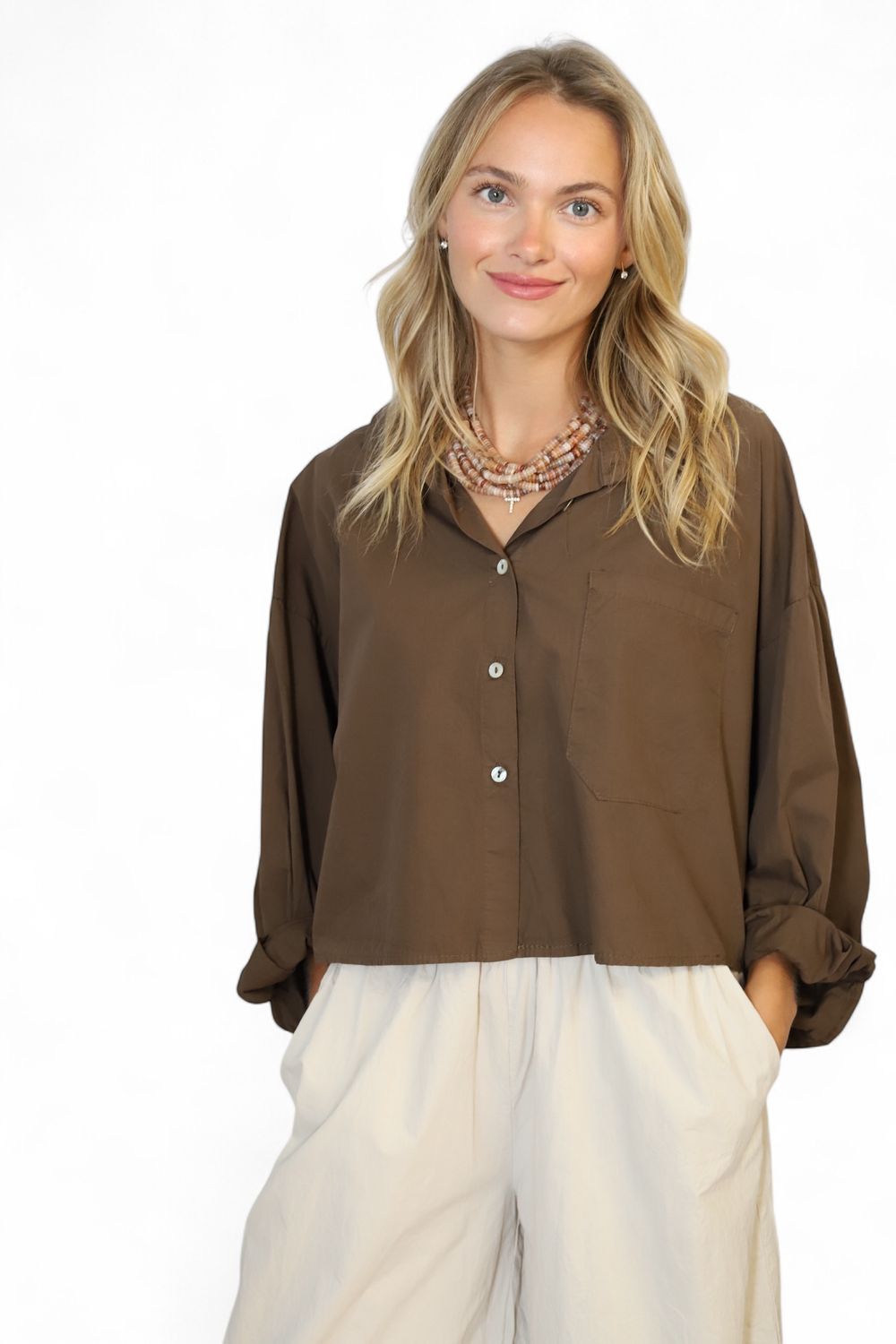 Poppy Crop Button Down- Brown