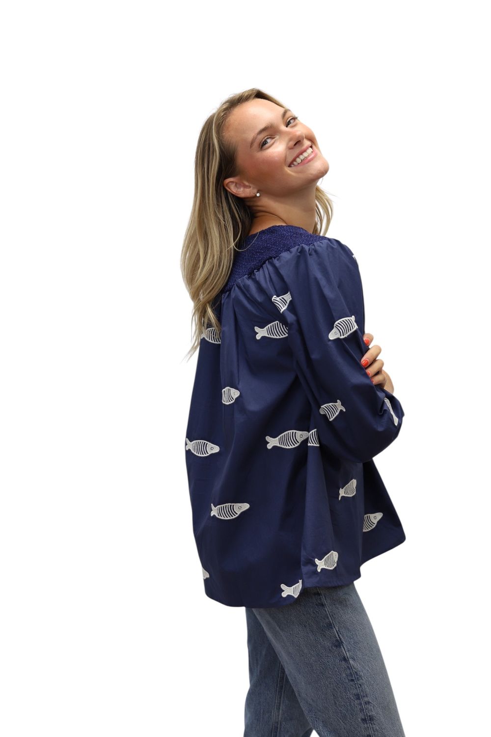 Willow Smock Blouse- Embroidered Fish